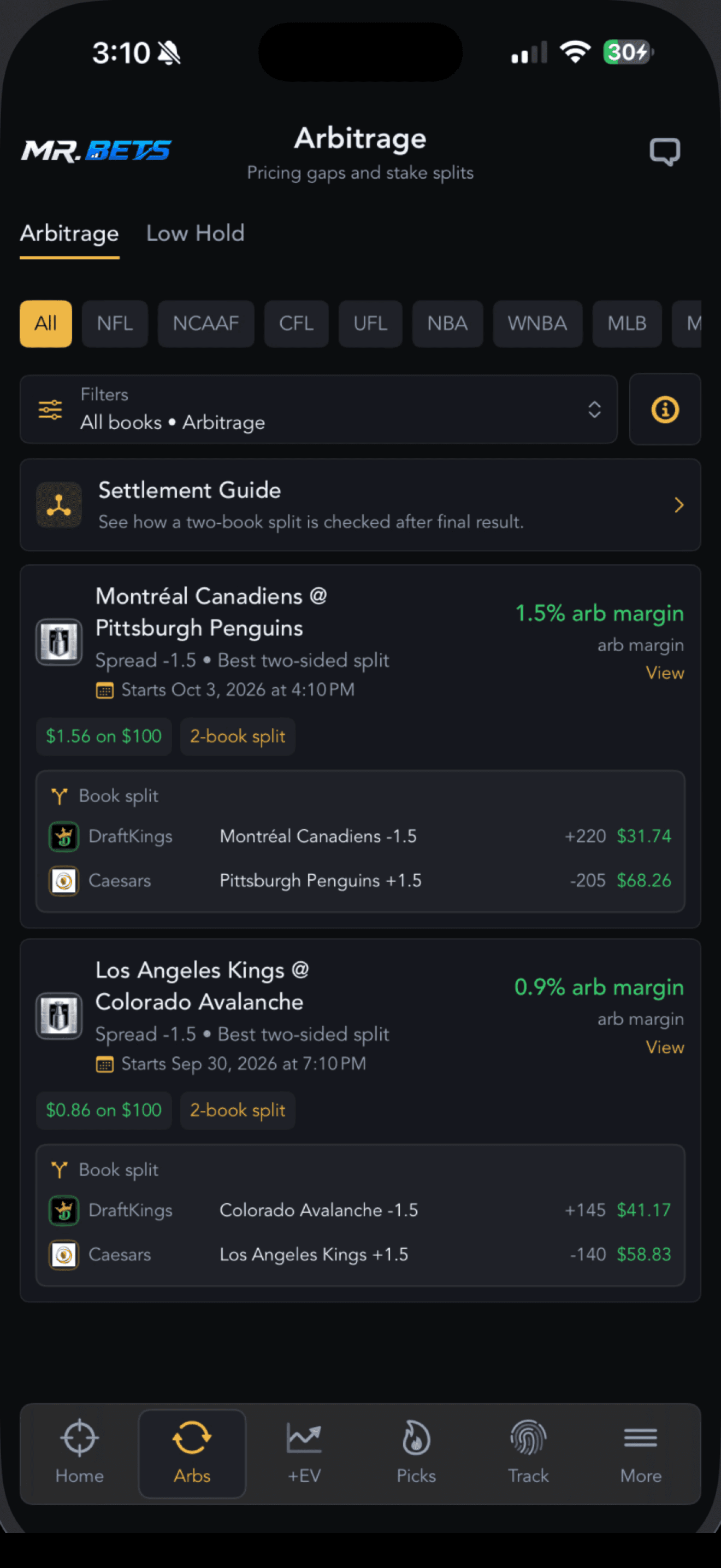 Mr. Bets iOS arbitrage screen showing market prices and paper stake splits; illustrative markets