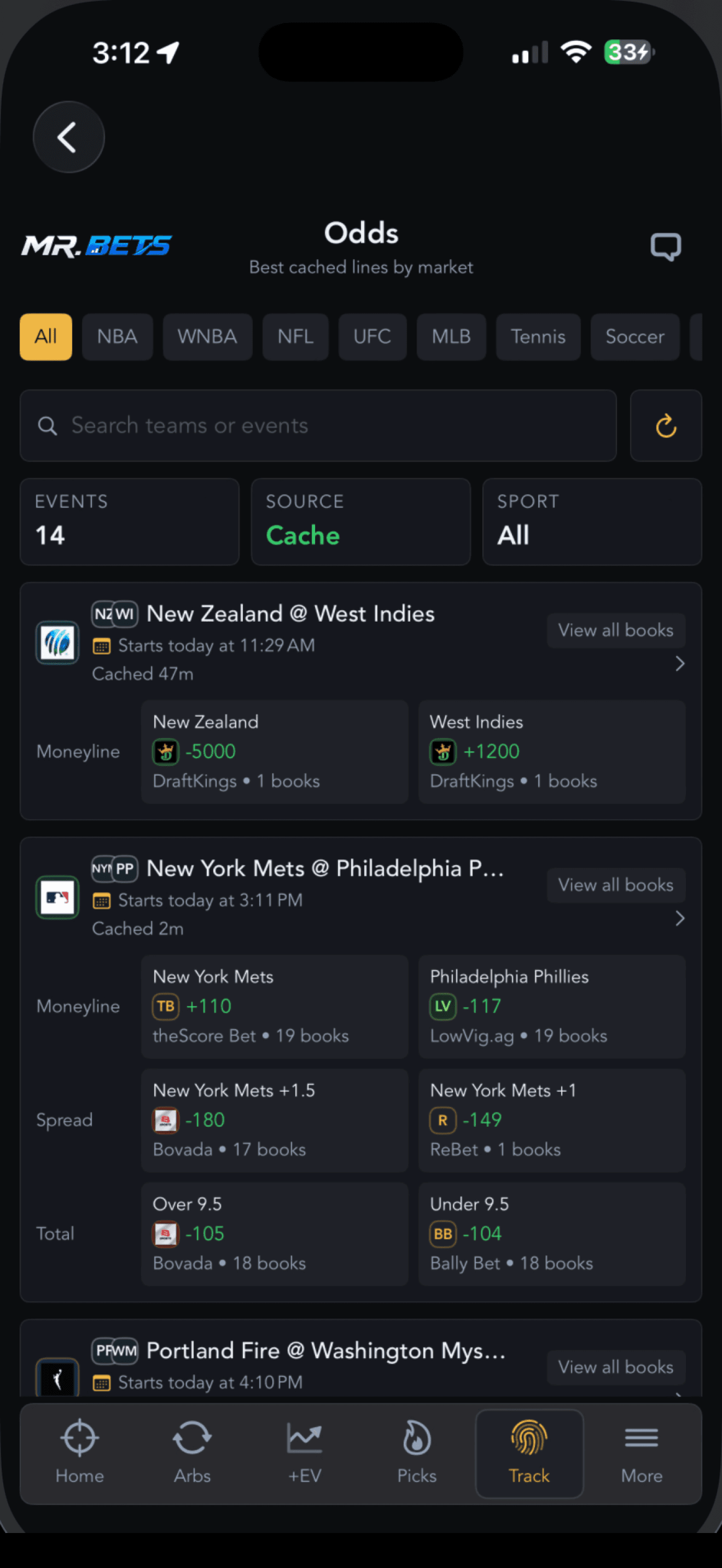 Example Mr. Bets sportsbook odds grid