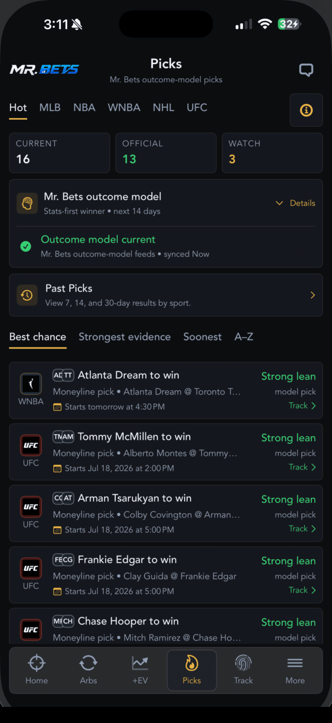 Example Mr. Bets pick research screen
